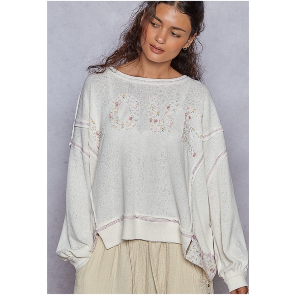 POL Ivory Floral Print Love Patchwork Reverse Stitch Loose Fit Top - Picture 1 of 5